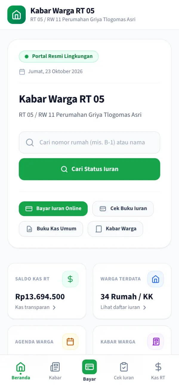 Beranda situs RT demo: nama RT, pencarian status iuran, tombol bayar iuran, saldo kas