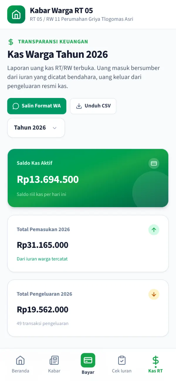 Buku kas RT dengan saldo, total pemasukan, dan pengeluaran