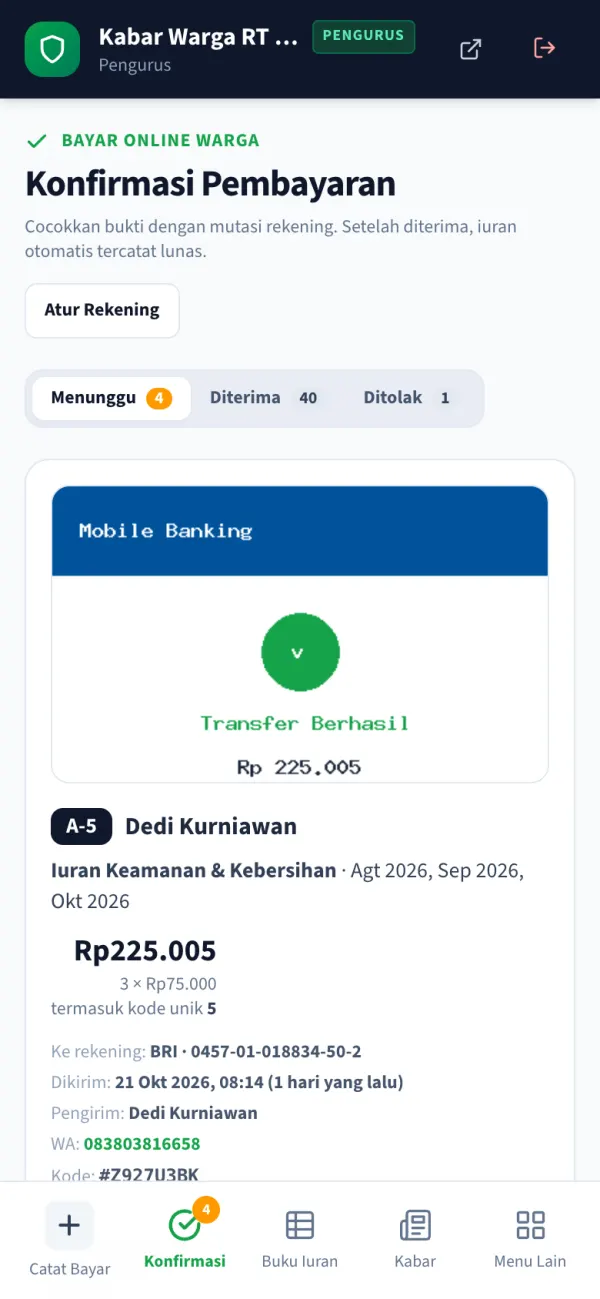 Daftar bukti bayar yang menunggu konfirmasi pengurus
