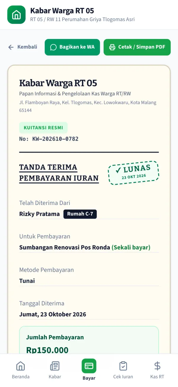 Kuitansi digital bercap LUNAS untuk pembayaran iuran di RT demo