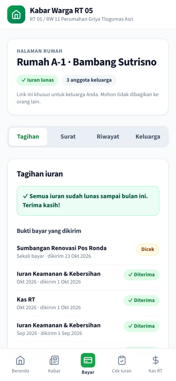 Halaman rumah warga berisi status iuran dan bukti bayar yang dikirim